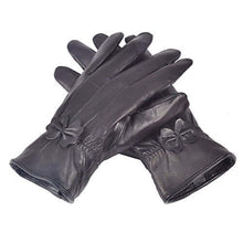 Load image into Gallery viewer, Reed Women&#39;s Genuine Leather Warm Lined Driving Gloves with bow detail, ideal for cold weather and stylish driving.

