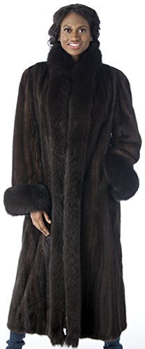 Woman wearing REED full-length genuine mink coat, luxurious full pelt fur, rich dark color, high-end fashion apparel.
