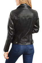 Load image into Gallery viewer, REED Women&#39;s Genuine Lambskin Leather Biker Jacket, Premium Quality, Classic Motorcycle Style, Black, Back View
