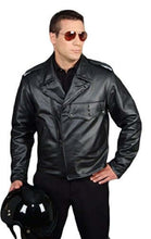 Load image into Gallery viewer, Man wearing REED Men&#39;s Police Leather Motorcycle Jacket, black, made in USA with premium cowhide leather, holding a helmet.
