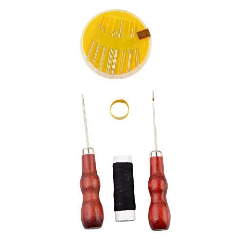 eZthings Tailors Awl Repair Tool Kit with needles, thread, and wooden handles for arts and crafts sewing projects.