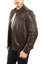 Load image into Gallery viewer, Men&#39;s genuine lambskin leather biker jacket by REED, featuring zipped pockets, showcasing timeless style and comfort.
