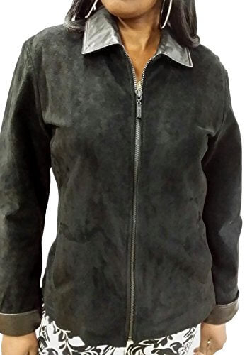 Black REED women's 26'' suede leather jacket with lamb leather trim, featuring a soft silky touch and satin lining.