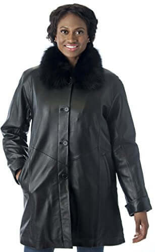 REED Women's Lamb Leather Swing Coat with Fox Fur Collar, elegant and timeless, features satin lining for comfort.