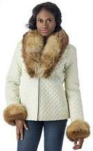 Load image into Gallery viewer, REED Women&#39;s Genuine Fox Fur Trim Leather Jacket in white with luxurious fox fur collar and cuffs, model wearing jacket.
