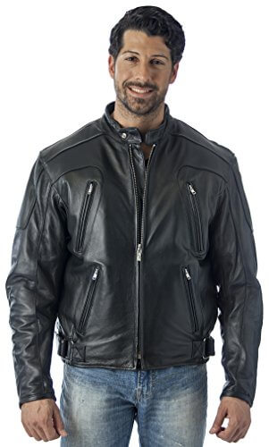 REED Men's Black Leather Motorcycle Jacket with Zipper Air Vents, worn by a model, showcasing stylish design and premium quality.