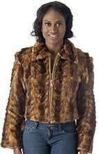 Load image into Gallery viewer, Woman wearing a REED Women&#39;s Genuine Mink Fur Bomber Jacket, showcasing luxurious natural pieced mink fur. Ideal for stylish winter fashion.
