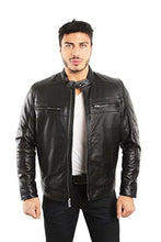 Load image into Gallery viewer, Man wearing REED 1950 men&#39;s lambskin leather biker jacket, featuring a sleek design and front zip pockets.
