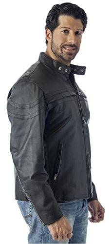 Man wearing REED black vented motorcycle leather jacket with hidden air vents and durable zip-out lining, showcasing style and quality.