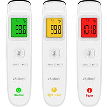 Load image into Gallery viewer, eZthings Forehead Thermometer with non-touch infrared technology and fever alarm, showing normal, light fever, and fever readings.
