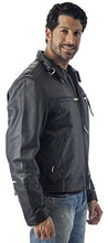 Load image into Gallery viewer, REED Men&#39;s Black Leather Motorcycle Jacket with Vents and Biker Neck Warmer
