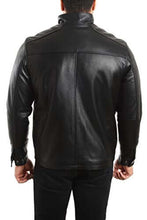 Load image into Gallery viewer, Back view of REED men&#39;s black lambskin leather jacket with stand-up collar and zip-up closure, showcasing premium quality craftsmanship.
