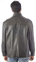 Load image into Gallery viewer, Back view of REED Men&#39;s suave leather jacket in English lamb with zip-up collar, showcasing soft, lightweight material.
