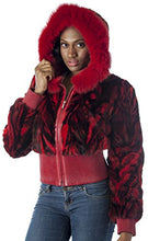 Load image into Gallery viewer, Woman wearing REED women&#39;s genuine mink fur bomber jacket in red with hood, showcasing luxurious natural mink fur detail.
