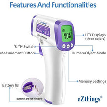 Load image into Gallery viewer, eZthings non-contact infrared forehead thermometer with LCD display, featuring measurement button, memory settings, and temperature switch.
