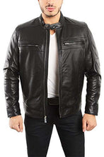 Load image into Gallery viewer, Men&#39;s genuine lambskin leather biker jacket, REED EST. 1950, in black, showcasing a stylish look with zipped pockets and classic design.

