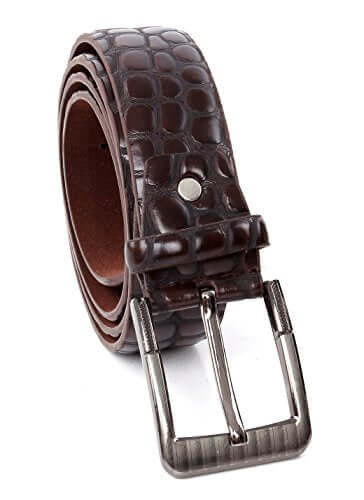 Crocodile print men's PU leather designer dress belt with shiny nickel buckle by REED, ideal for casual or dress wear.