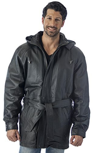 Man wearing REED Men's Black Leather Parka Jacket with Zip-Out Hood and Belt, made of heavy-duty pig skin leather, displaying front view.