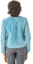 Load image into Gallery viewer, Back view of woman wearing REED Women&#39;s 22&#39;&#39; Stand Up Collar Leather Jacket in blue, showing fit and style.
