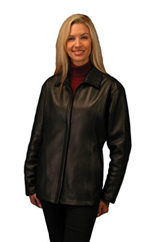 Woman wearing REED black lamb skin leather jacket with satin lining, showcasing soft touch and high-quality New Zealand leather.