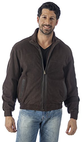 Man wearing a brown REED Quello water resistant suede leather waist jacket with leather trim and satin lining.