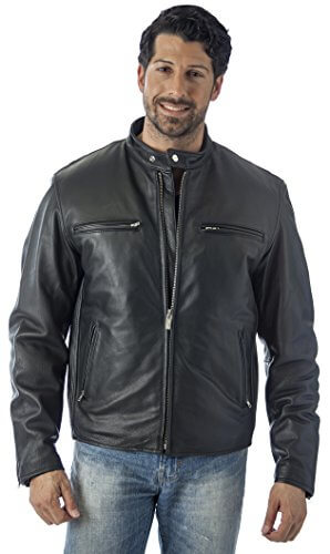 REED Men's Knock Around Biker Jacket in black with zip out lining, crafted from premium quality naked cow leather, worn by a model.