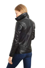 Load image into Gallery viewer, Woman wearing REED 1950 Women&#39;s Genuine Lambskin Leather Jacket with stand up collar, back view of stylish black coat - imported.
