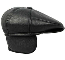 Cargar imagen en el visor de la galería, Flat Cabbie men&#39;s classic newsboy flat cap hat with ear flaps in black faux leather, featuring a small stiff brim and rounded design.
