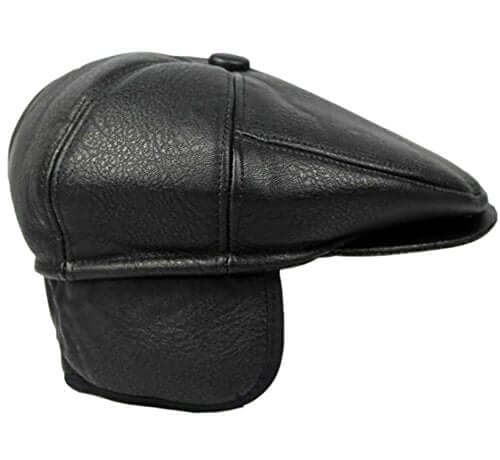 Flat Cabbie men's classic newsboy flat cap hat with ear flaps in black faux leather, featuring a small stiff brim and rounded design.