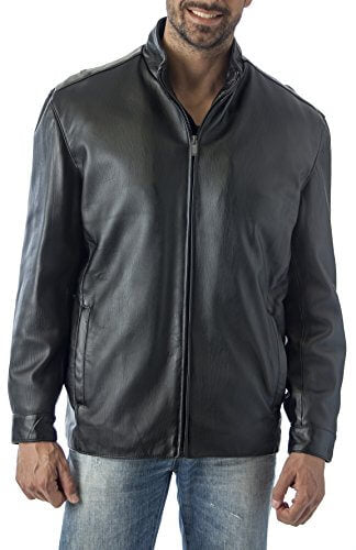 REED Men's 27'' Suave Leather Jacket in English Lamb with zip-up collar, black, lightweight, model wearing jeans.