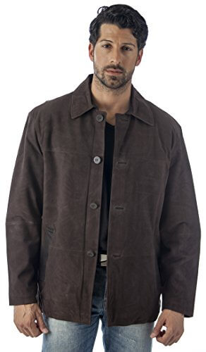 Model wearing REED Men's Quello 4 Button Water Repellent Suede Leather Jacket in chocolate color with cow nap suede and satin lining.