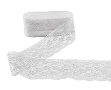 Load image into Gallery viewer, White embroidered lace trim ribbon for sewing and DIY crafts, ideal for wedding decorations and home décor projects.
