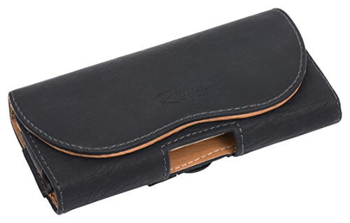 Reed designer cell phone belt clip case holster pouch for iPhone, stylish protective carrier in black with orange stitching.