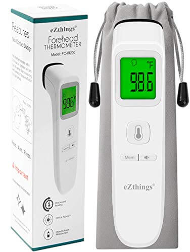 eZthings Non-Touch Forehead Thermometer with digital display and storage case, provides accurate infrared readings with fever alarm.