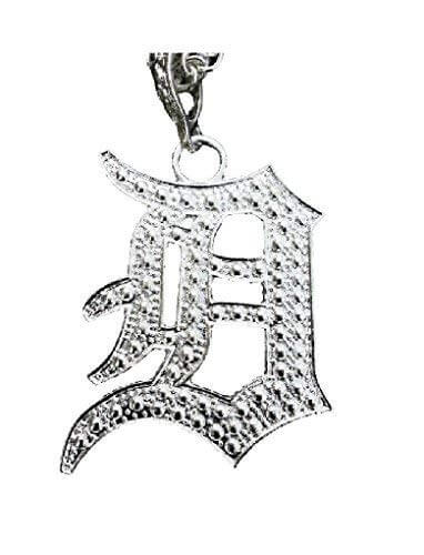 Silver Old English letter 'D' necklace representing Detroit city style with urban flair.