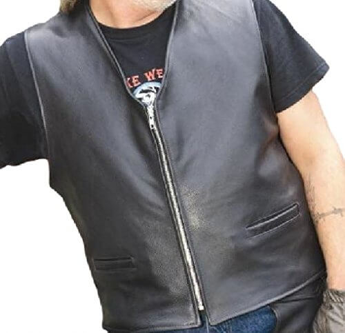 REED Men's Naked Cow Leather Motorcycle Zipper Vest, stylish and durable, made in USA with adjustable side lacing for a custom fit.