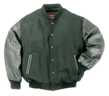 Load image into Gallery viewer, Black wool varsity jacket with leather sleeves for women by REED, featuring a relaxed fit and inside pocket. Imported apparel.
