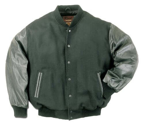 REED Women's Wool Varsity Leather Jacket in black, featuring leather sleeves, relaxed fit, and inside pocket.