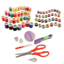 Load image into Gallery viewer, eZthings sewing supplies set with 32 thread spools, scissors, measuring tape, seam ripper, needle threader, and thimbles.
