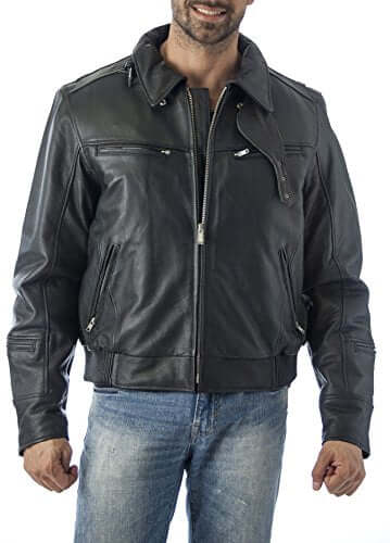 REED Men's Vented Black Leather Motorcycle Jacket with Neck Warmer, featuring front and back vents and zip-out lining.