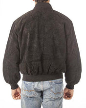 Load image into Gallery viewer, Rear view of man wearing REED Men&#39;s Baseball Suede Leather Jacket with satin lining, ideal for fall and spring.
