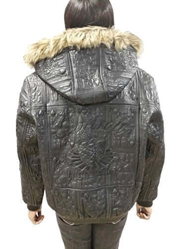 Woman wearing a REED Women's Detroit High Roller Jacket with intricate stitching and fur-lined hood, back view