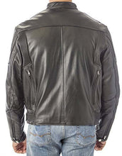 Load image into Gallery viewer, Back view of REED Men&#39;s Black Leather Motorcycle Jacket with zipper air vents and premium genuine cowhide leather.
