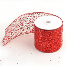 Load image into Gallery viewer, Red sparkly sheer fabric ribbon on spool, perfect for decorative crafts, gift wrapping, and party decorations.
