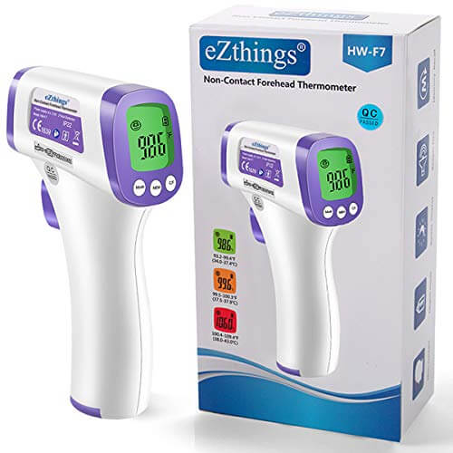 eZthings Heavy Duty Non-Contact Infrared Forehead Thermometer with LCD display and packaging