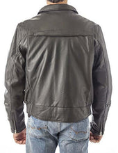 Load image into Gallery viewer, Back view of REED Men&#39;s Black Vented Leather Motorcycle Jacket with Biker Neck Warmer, showcasing high-quality naked cow leather.

