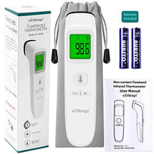 Load image into Gallery viewer, eZthings Forehead Thermometer, non-touch infrared with fever alarm, packaging, batteries, user manual, and storage pouch included.
