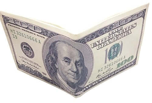 Franklin Hundred Dollar Bill Money Wallet, green microfiber bi-fold with Ben Franklin design, novelty $100 bill style.