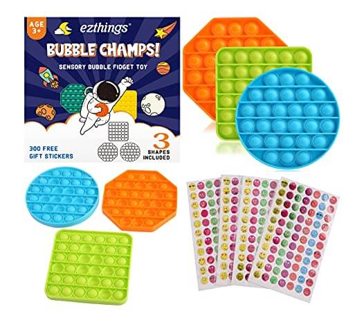 eZthings Heavy Duty Stress Relief Push Bubble Fidget Toy Set with Gift Stickers, 3 Shapes for Kids and Adults