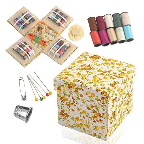 eZthings professional sewing supplies kit with colorful threads, needles, and floral pattern basket for arts and crafts.